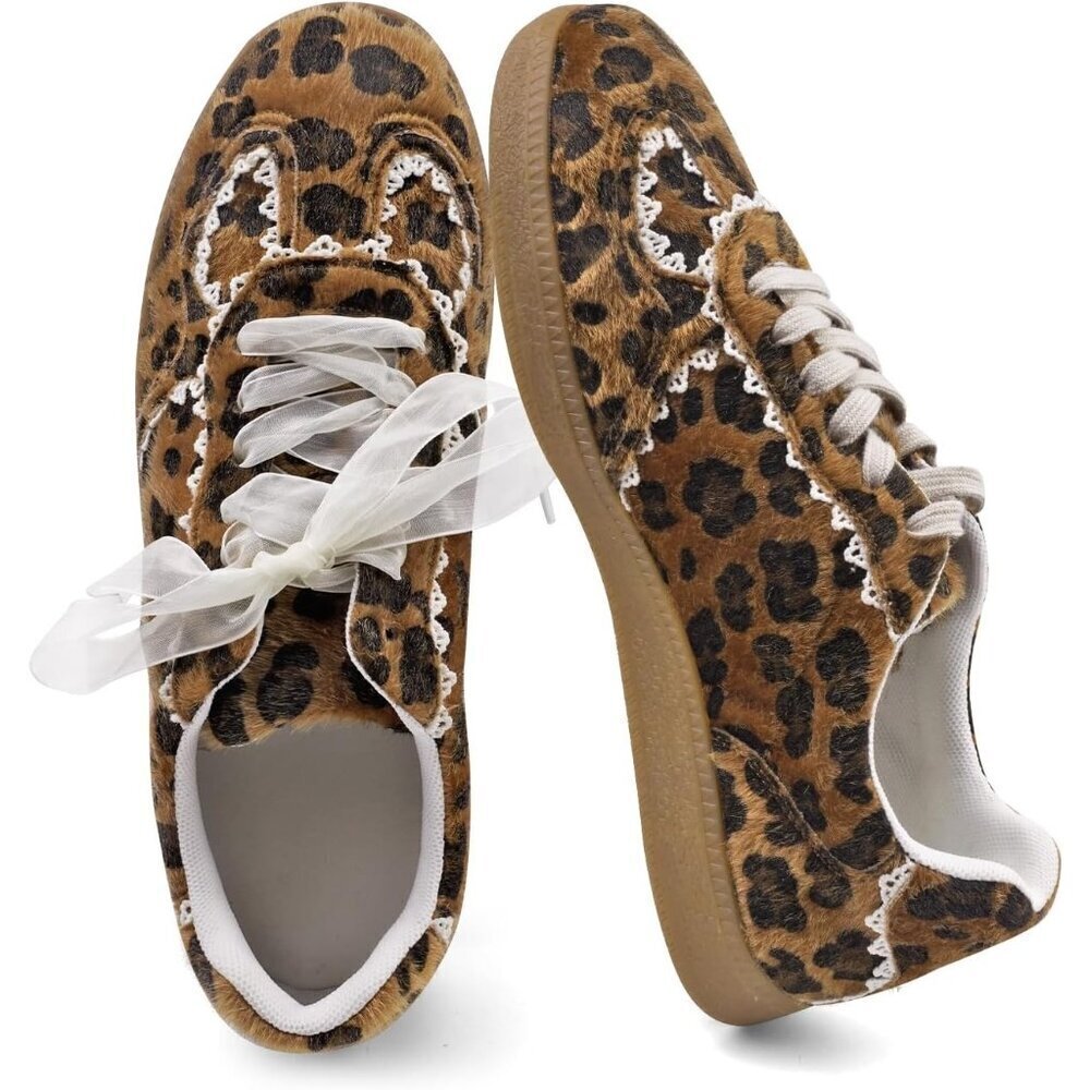Women's Brown Casual Crochet Lace Ribbon Ballet Trendy Spring Sneakers Shoes